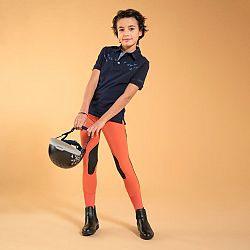 FOUGANZA Detské jazdecké nohavice s kolennými nášivkami 500 Mesh terracotta oranžová 10 rokov